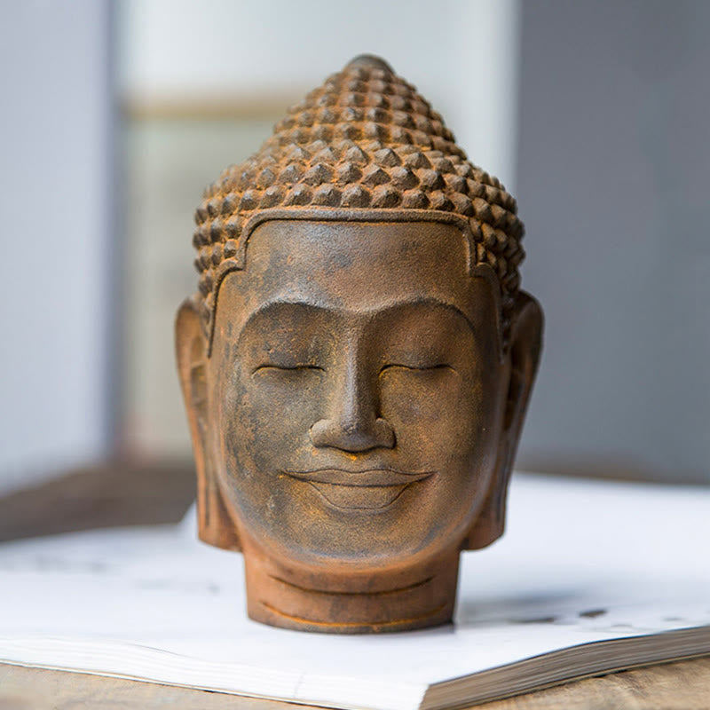 Buddha Stones Occhi Chiusi Contemplazione Meditazione Testa del Buddha Polvere di Ferro Ruggine Statua in Resina Decorazione per la Casa