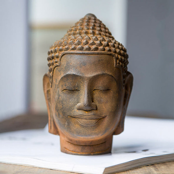 Buddha Stones Occhi Chiusi Contemplazione Meditazione Testa del Buddha Polvere di Ferro Ruggine Statua in Resina Decorazione per la Casa