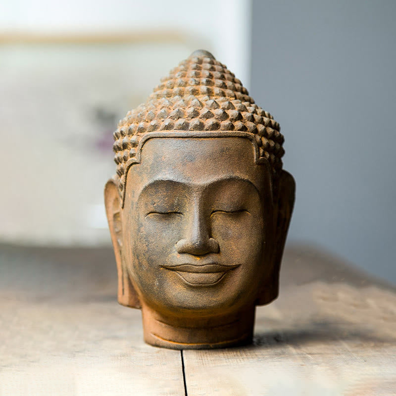 Buddha Stones Occhi Chiusi Contemplazione Meditazione Testa del Buddha Polvere di Ferro Ruggine Statua in Resina Decorazione per la Casa