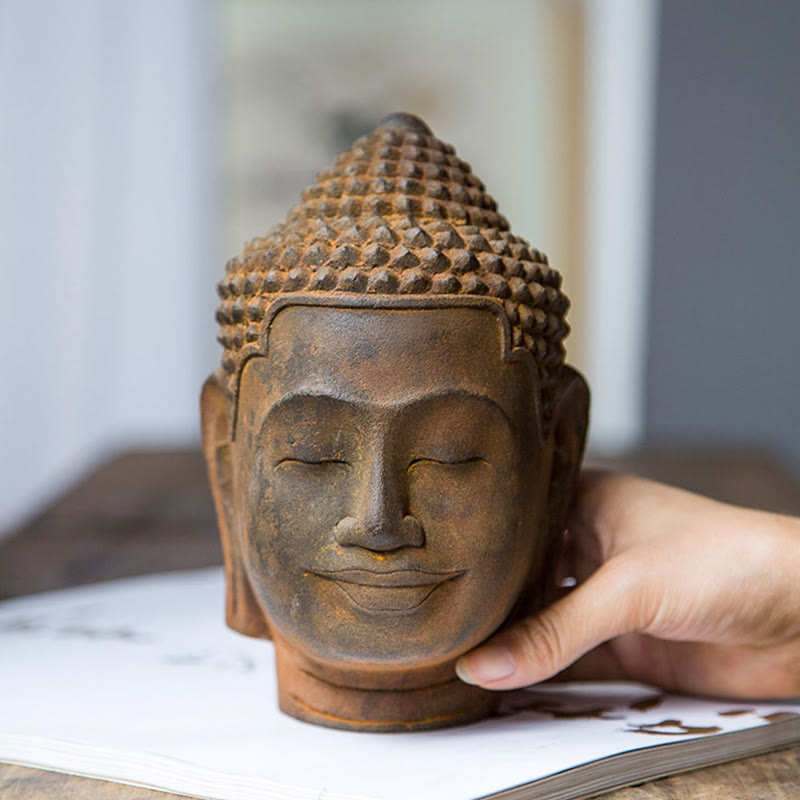 Buddha Stones Occhi Chiusi Contemplazione Meditazione Testa del Buddha Polvere di Ferro Ruggine Statua in Resina Decorazione per la Casa