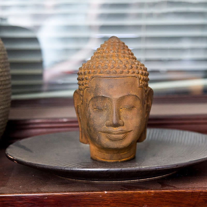 Buddha Stones Occhi Chiusi Contemplazione Meditazione Testa del Buddha Polvere di Ferro Ruggine Statua in Resina Decorazione per la Casa