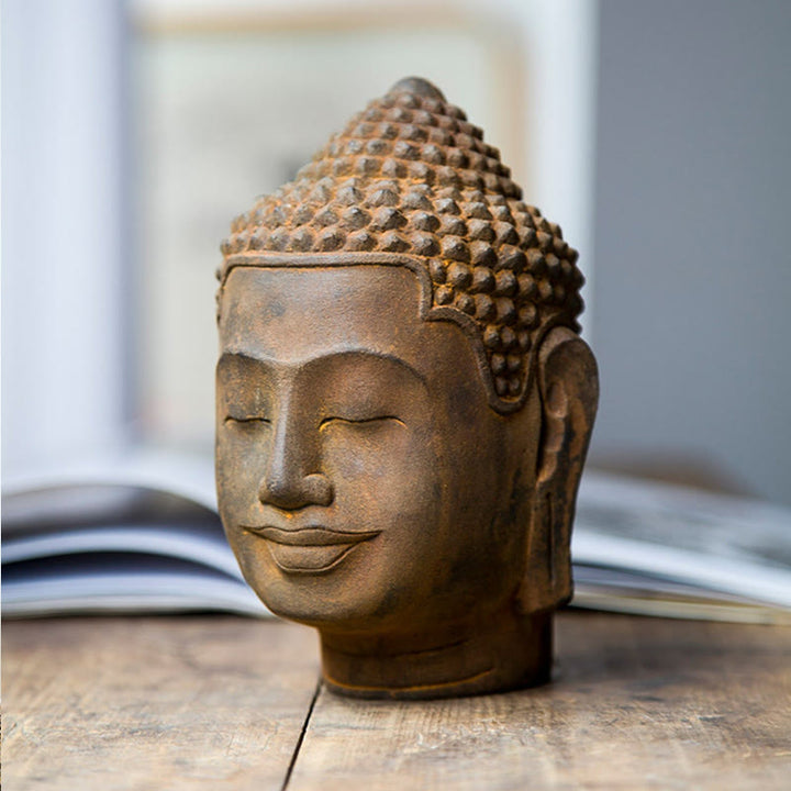 Buddha Stones Occhi Chiusi Contemplazione Meditazione Testa del Buddha Polvere di Ferro Ruggine Statua in Resina Decorazione per la Casa