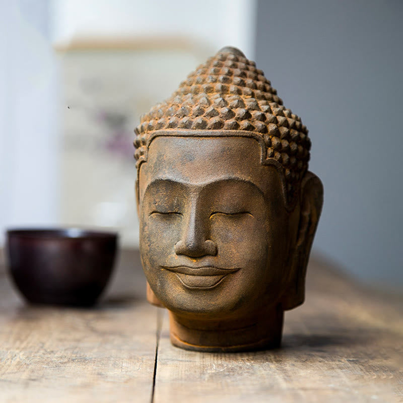 Buddha Stones Occhi Chiusi Contemplazione Meditazione Testa del Buddha Polvere di Ferro Ruggine Statua in Resina Decorazione per la Casa