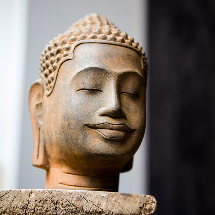 Buddha Stones Occhi Chiusi Contemplazione Meditazione Testa del Buddha Polvere di Ferro Ruggine Statua in Resina Decorazione per la Casa