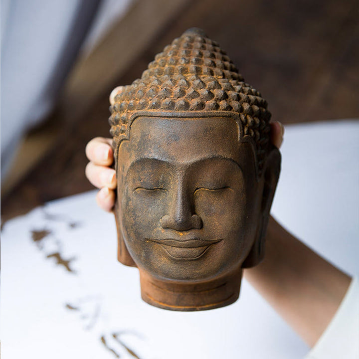 Buddha Stones Occhi Chiusi Contemplazione Meditazione Testa del Buddha Polvere di Ferro Ruggine Statua in Resina Decorazione per la Casa