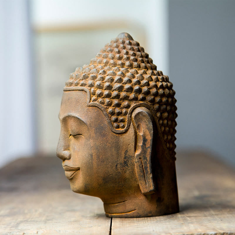 Buddha Stones Occhi Chiusi Contemplazione Meditazione Testa del Buddha Polvere di Ferro Ruggine Statua in Resina Decorazione per la Casa