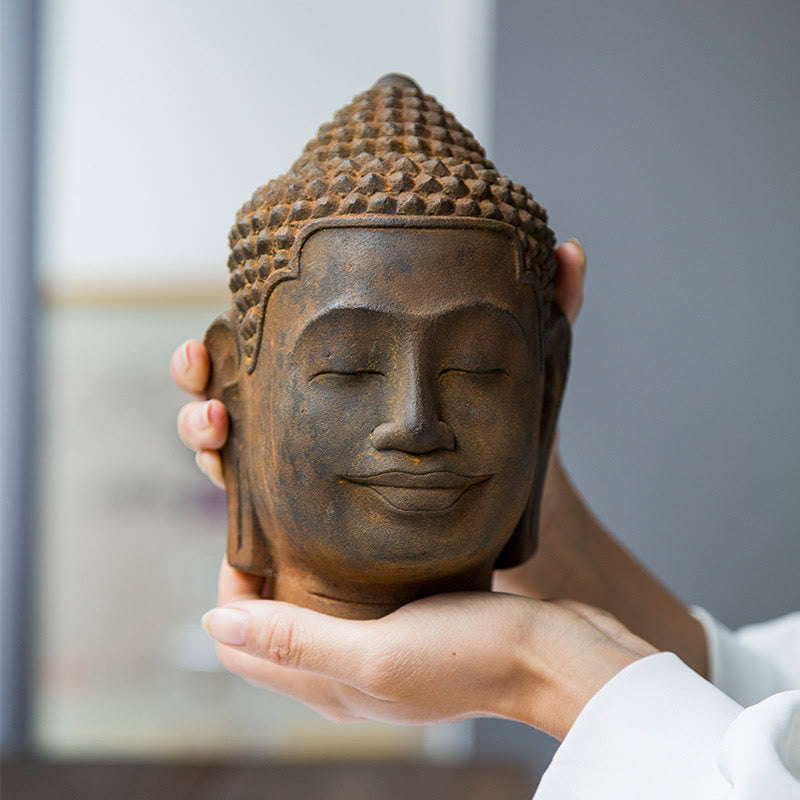Buddha Stones Occhi Chiusi Contemplazione Meditazione Testa del Buddha Polvere di Ferro Ruggine Statua in Resina Decorazione per la Casa
