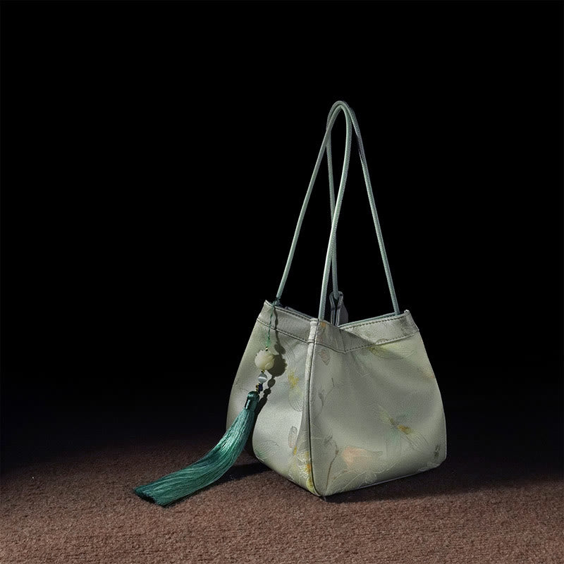 Buddha Stones Retro Fiore Farfalla Uccello Ricamo Perlina Nappa Seta di gelso Jacquard Xiangyunsha Seta Borsa a tracolla Hangbags