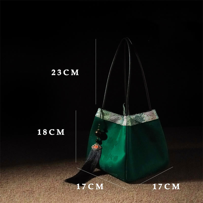 Buddha Stones Retro Fiore Farfalla Uccello Ricamo Perlina Nappa Seta di gelso Jacquard Xiangyunsha Seta Borsa a tracolla Hangbags