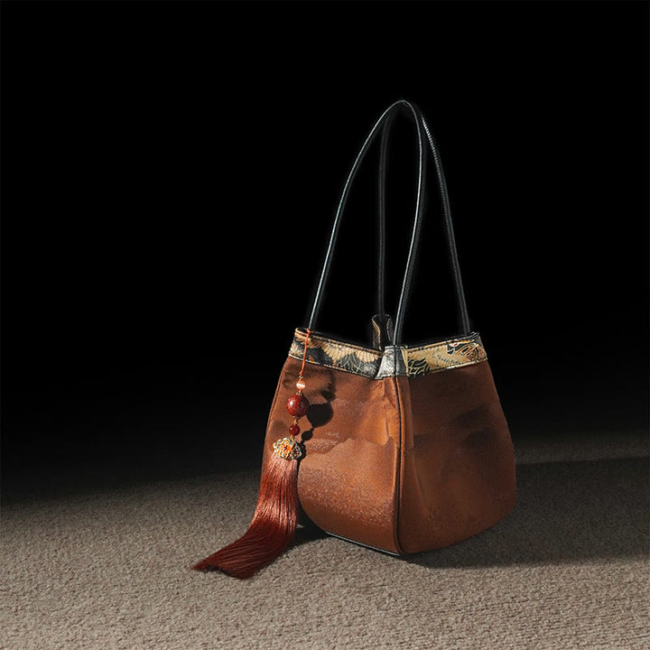 Buddha Stones Retro Fiore Farfalla Uccello Ricamo Perlina Nappa Seta di gelso Jacquard Xiangyunsha Seta Borsa a tracolla Hangbags