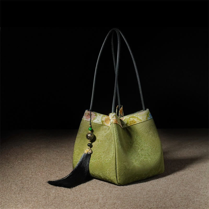 Buddha Stones Retro Fiore Farfalla Uccello Ricamo Perlina Nappa Seta di gelso Jacquard Xiangyunsha Seta Borsa a tracolla Hangbags