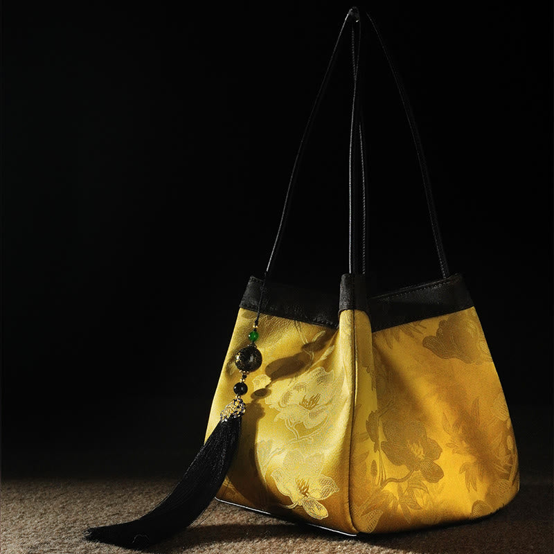 Buddha Stones Retro Fiore Farfalla Uccello Ricamo Perlina Nappa Seta di gelso Jacquard Xiangyunsha Seta Borsa a tracolla Hangbags