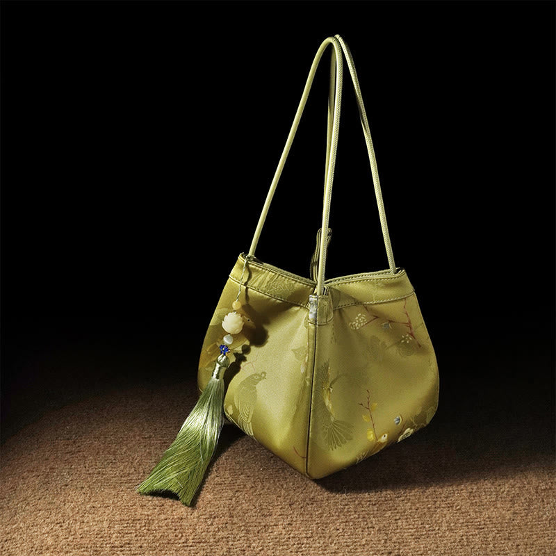 Buddha Stones Retro Fiore Farfalla Uccello Ricamo Perlina Nappa Seta di gelso Jacquard Xiangyunsha Seta Borsa a tracolla Hangbags