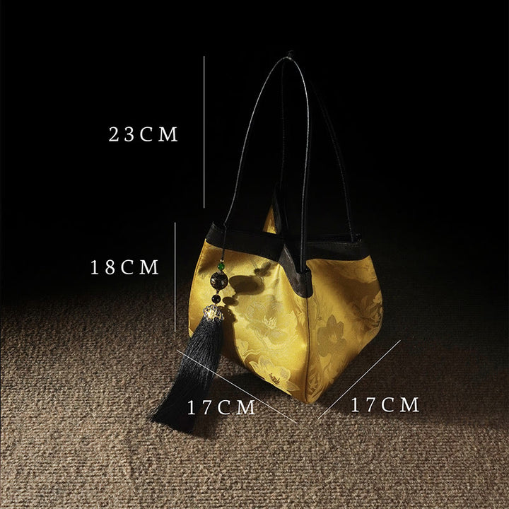 Buddha Stones Retro Fiore Farfalla Uccello Ricamo Perlina Nappa Seta di gelso Jacquard Xiangyunsha Seta Borsa a tracolla Hangbags