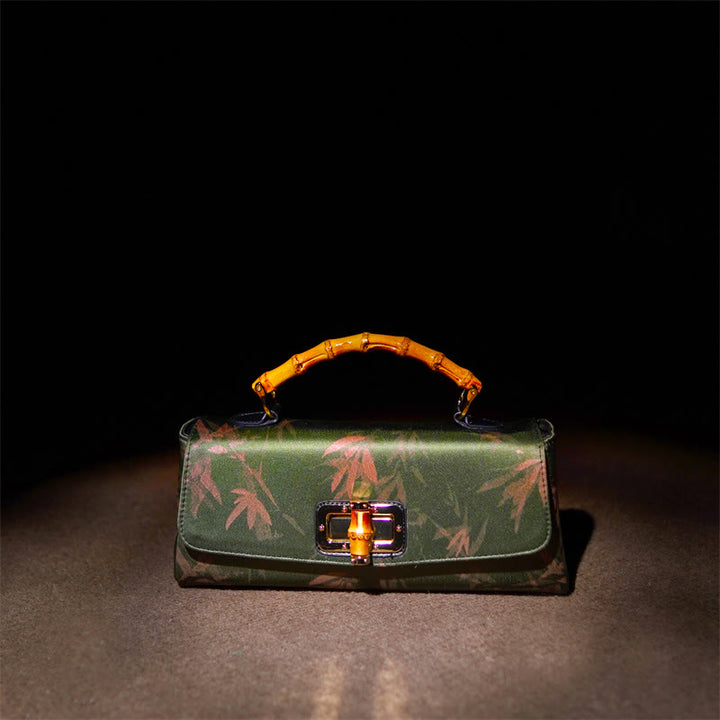 Borsa a tracolla con catena in metallo, manico in bambù , Buddha Stones, foglie, rami