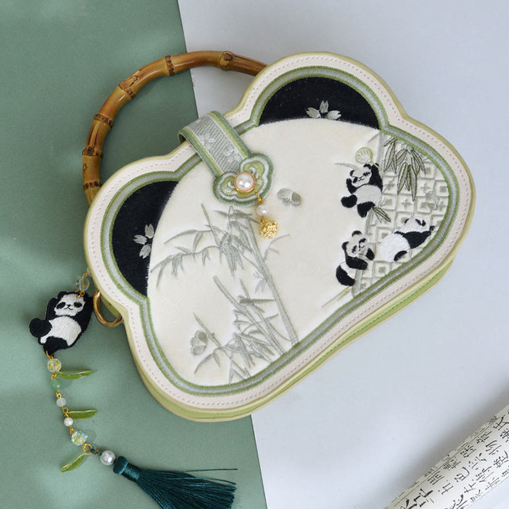 Buddha Stones Panda Bamboo Ricamo Perla Catena Nodo Cinese Nappa Borsa a Tracolla Borse