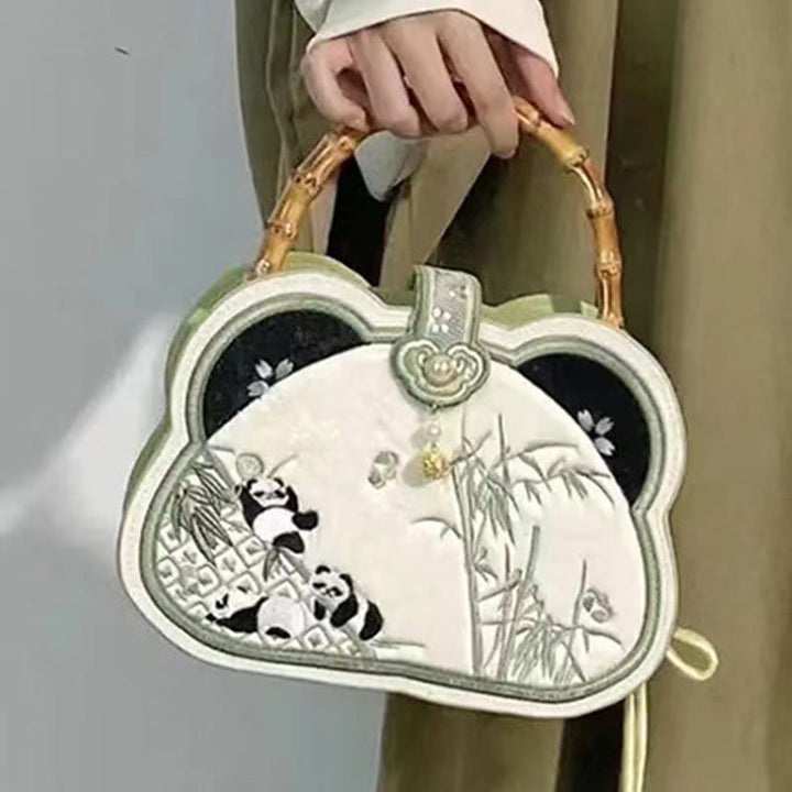 Buddha Stones Panda Bamboo Ricamo Perla Catena Nodo Cinese Nappa Borsa a Tracolla Borse