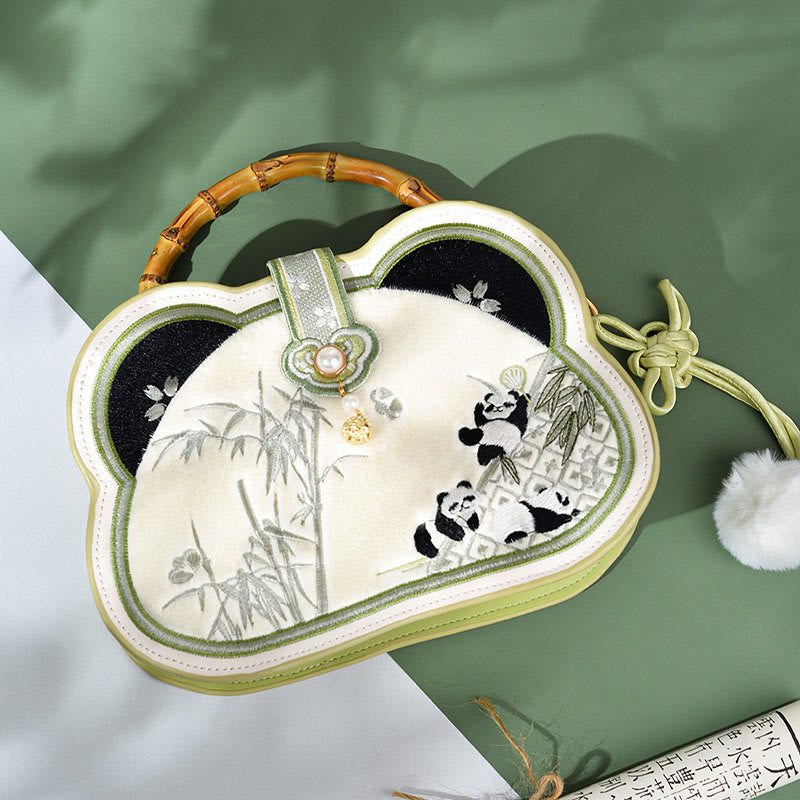Buddha Stones Panda Bamboo Ricamo Perla Catena Nodo Cinese Nappa Borsa a Tracolla Borse