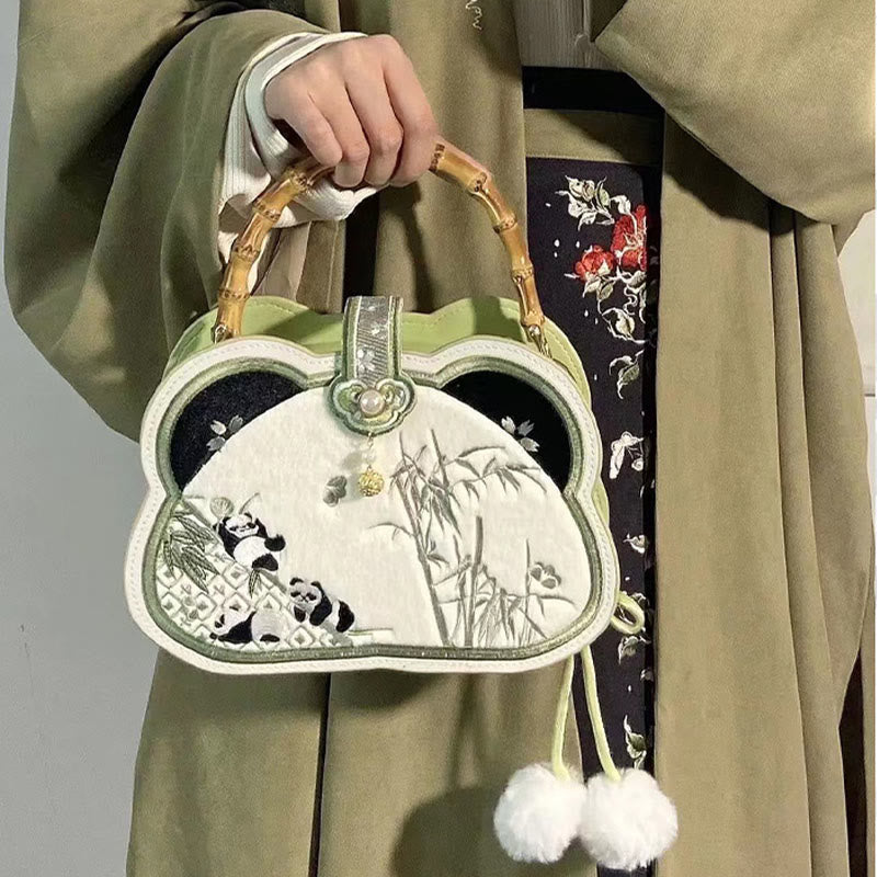 Buddha Stones Panda Bamboo Ricamo Perla Catena Nodo Cinese Nappa Borsa a Tracolla Borse