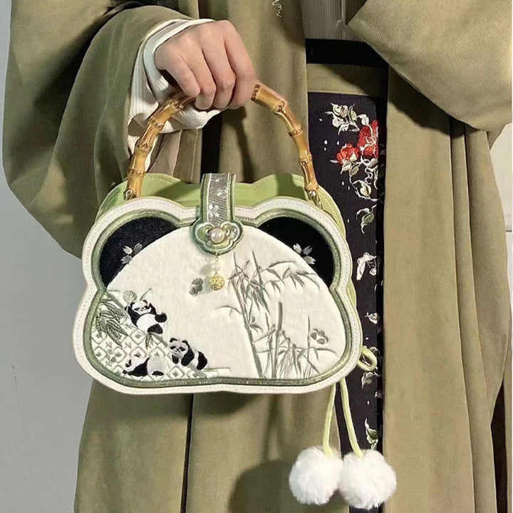 Buddha Stones Panda Bamboo Ricamo Perla Catena Nodo Cinese Nappa Borsa a Tracolla Borse