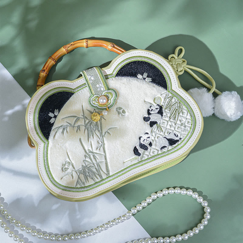 Buddha Stones Panda Bamboo Ricamo Perla Catena Nodo Cinese Nappa Borsa a Tracolla Borse