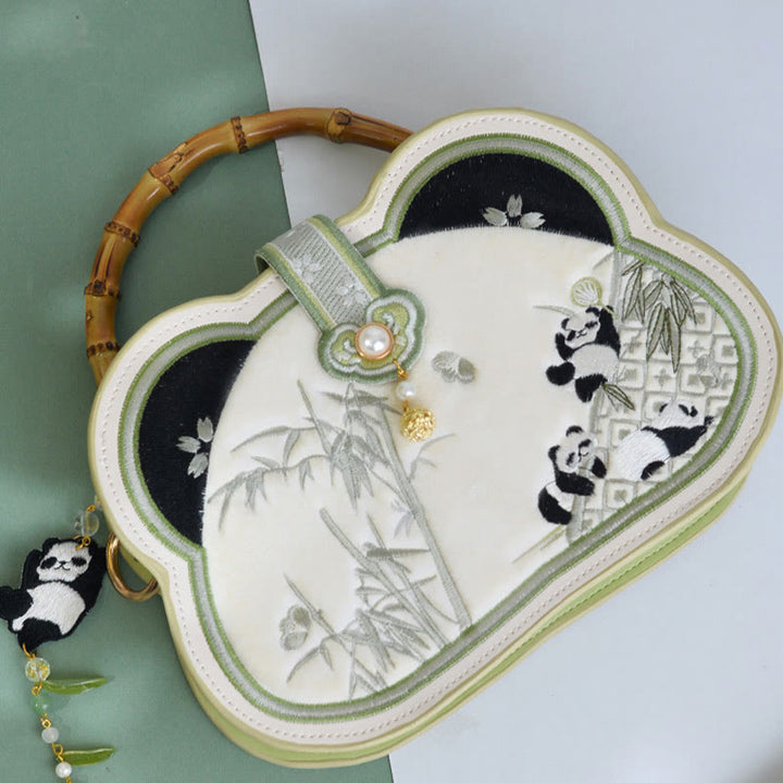 Buddha Stones Panda Bamboo Ricamo Perla Catena Nodo Cinese Nappa Borsa a Tracolla Borse