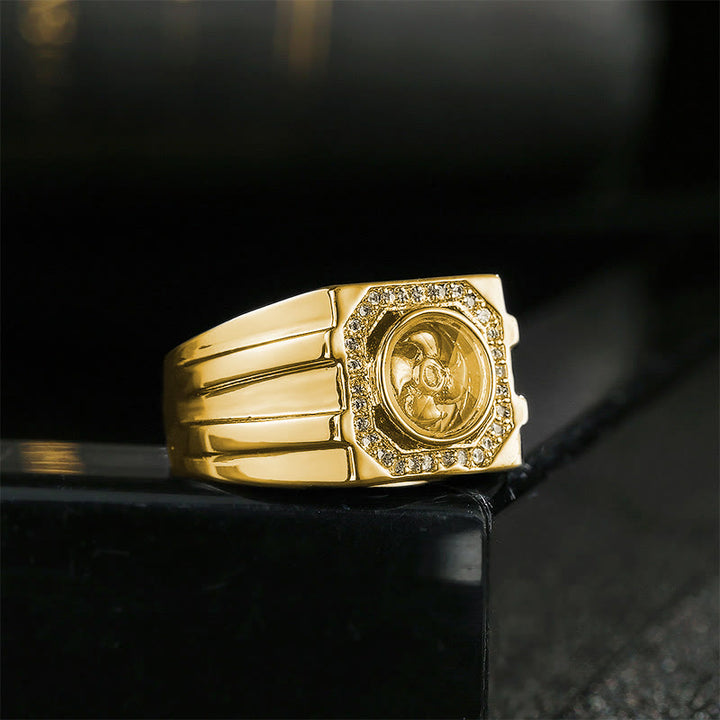 Anello di guarigione a forma di mulino a vento in ottone e rame placcato oro con Buddha Stones