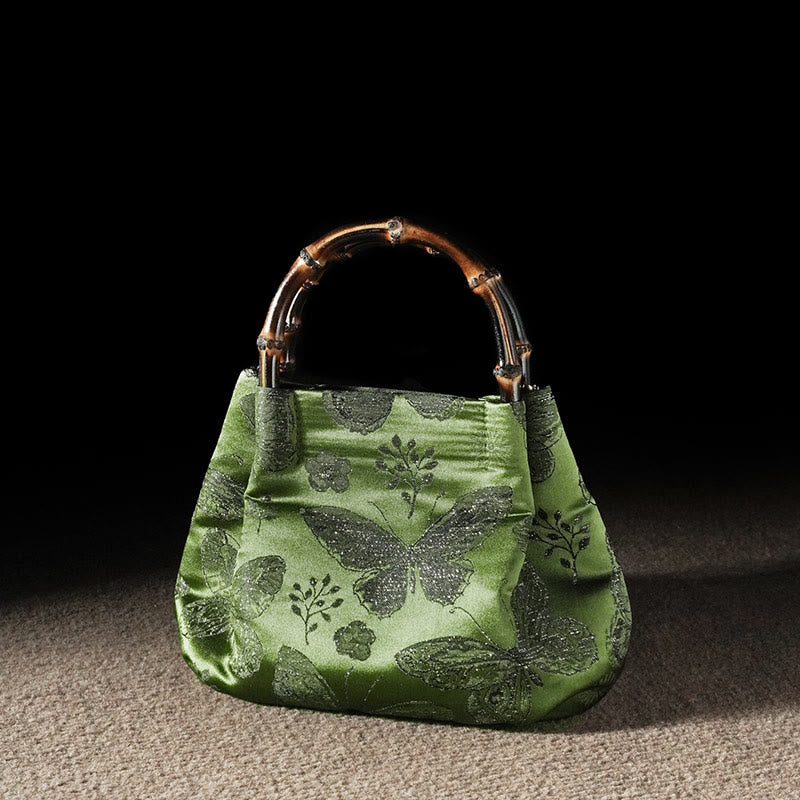 Borsa a tracolla con catena in metallo e manico in bambù, motivo : Buddha Stones Jacquard Flowers Butterfly Hangbags - Fiore a farfalla verde foresta 23,5*11*17cm - image 0