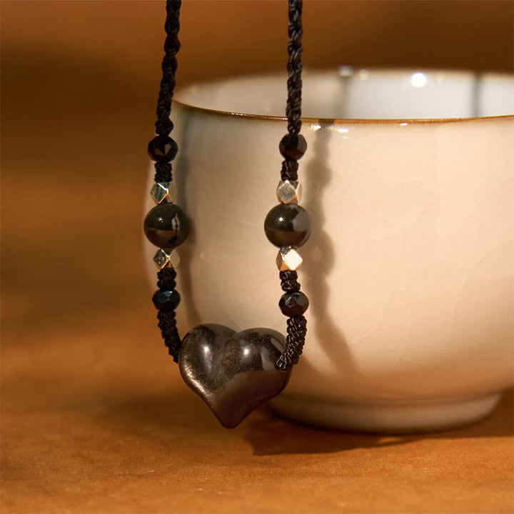Collana Buddha Stones lucida e argento naturale con protezione del cuore
