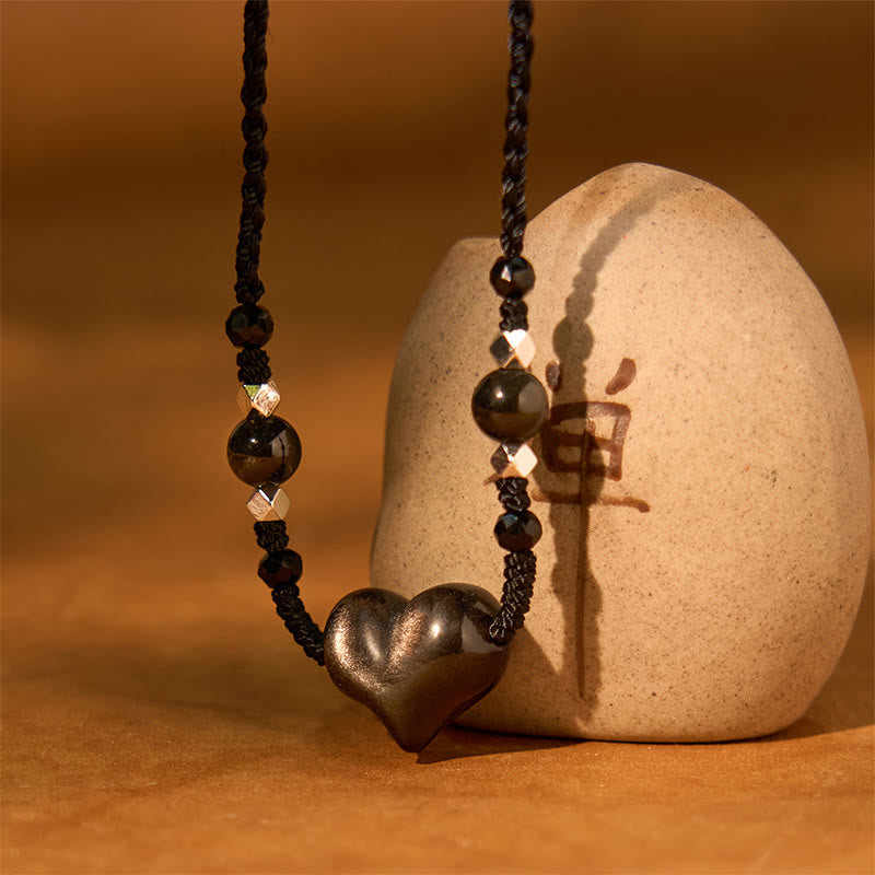 Collana Buddha Stones lucida e argento naturale con protezione del cuore
