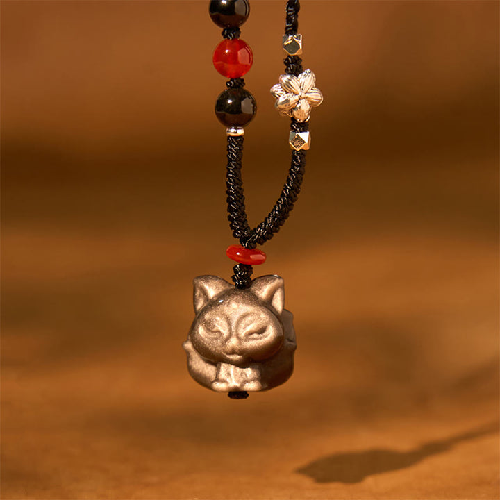 Collana con ciondolo di protezione a forma di volpe a nove code in ossidiana lucida d'argento naturale Buddha Stones