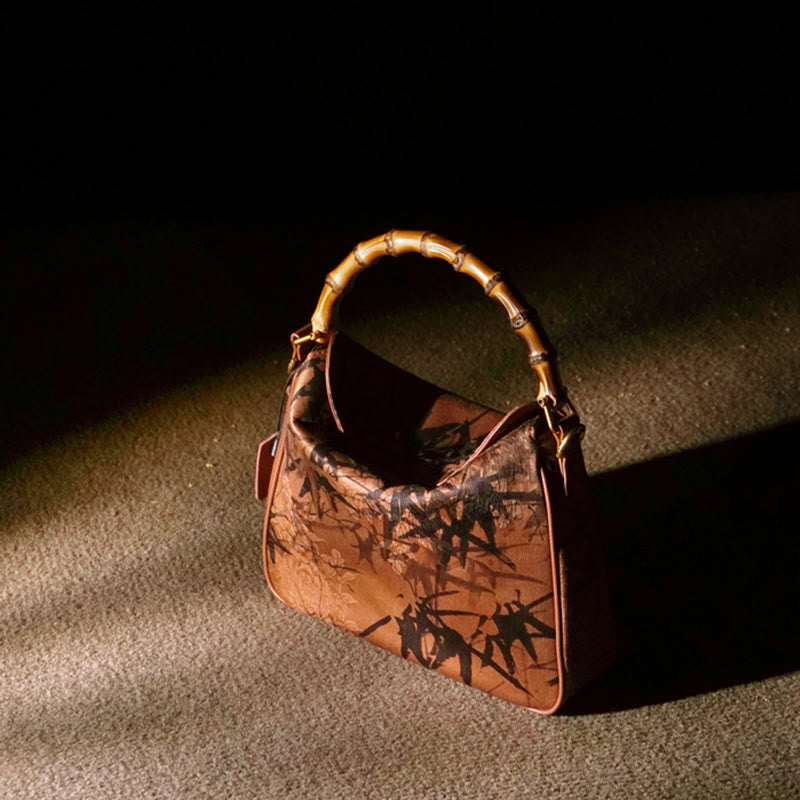 Borsa a tracolla in seta Xiangyunsha con manico in bambù lussureggiante Buddha Stones