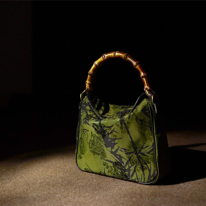 Borsa a tracolla in seta Xiangyunsha con manico in bambù lussureggiante Buddha Stones