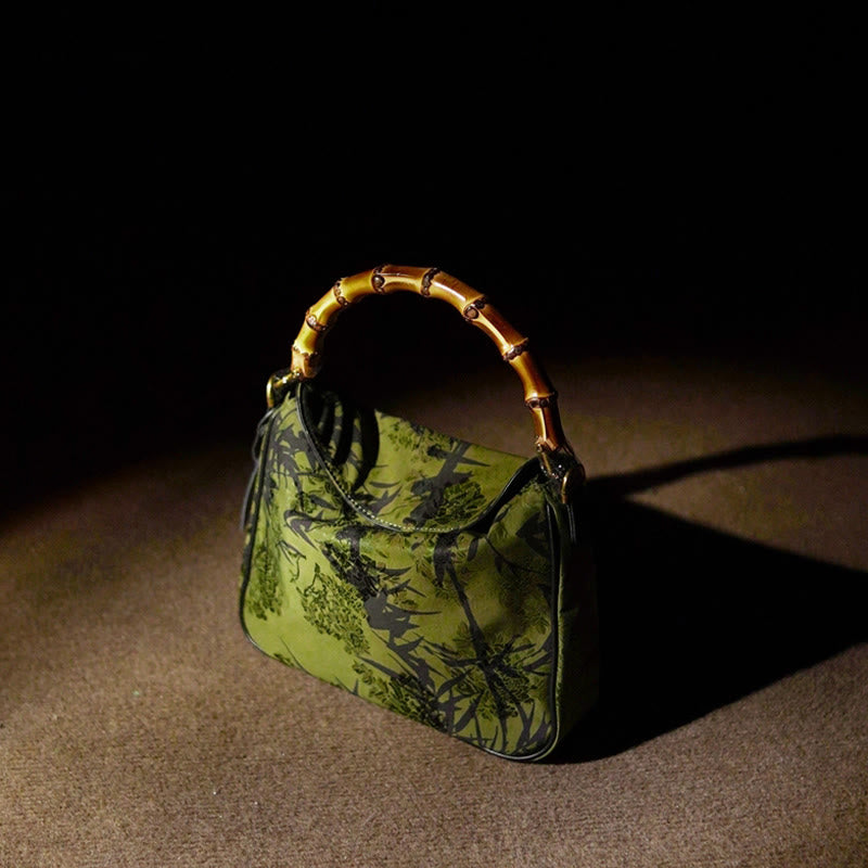 Borsa a tracolla in seta Xiangyunsha con manico in bambù lussureggiante Buddha Stones