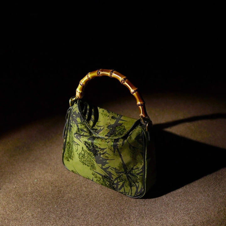 Borsa a tracolla in seta Xiangyunsha con manico in bambù lussureggiante Buddha Stones