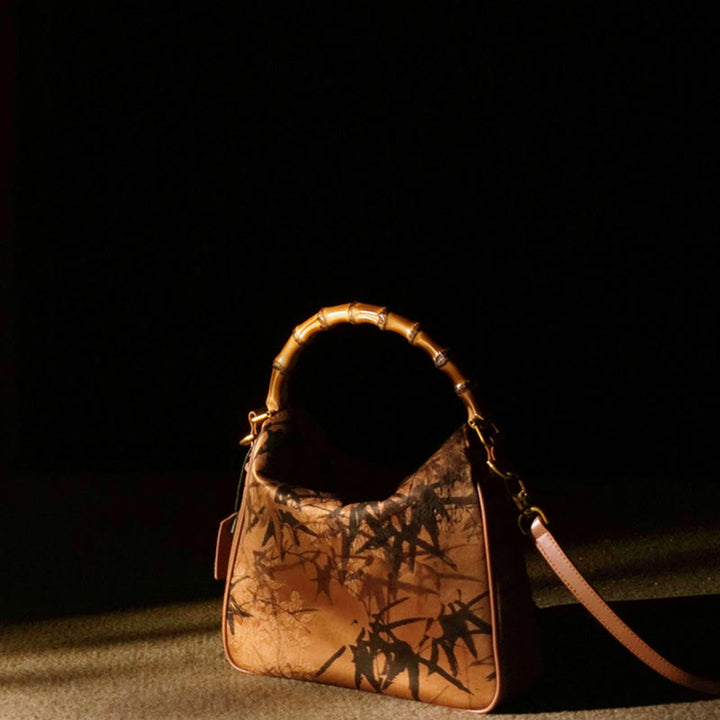 Borsa a tracolla in seta Xiangyunsha con manico in bambù lussureggiante Buddha Stones