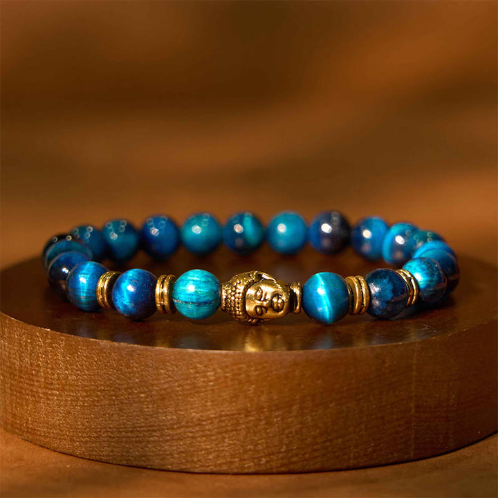 Braccialetto di equilibrio con testa di Buddha in occhio di tigre blu verde rosso Buddha Stones