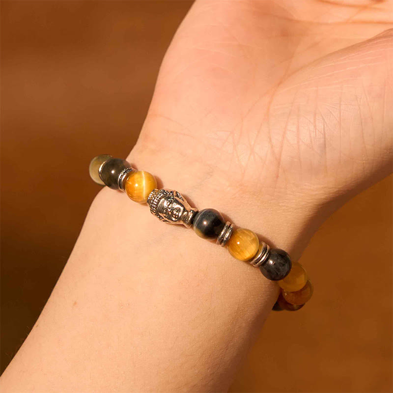Braccialetto di equilibrio con testa di Buddha in occhio di tigre blu verde rosso Buddha Stones