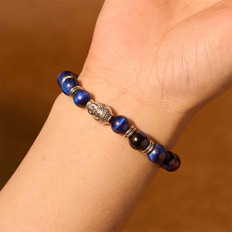 Braccialetto di equilibrio con testa di Buddha in occhio di tigre blu verde rosso Buddha Stones