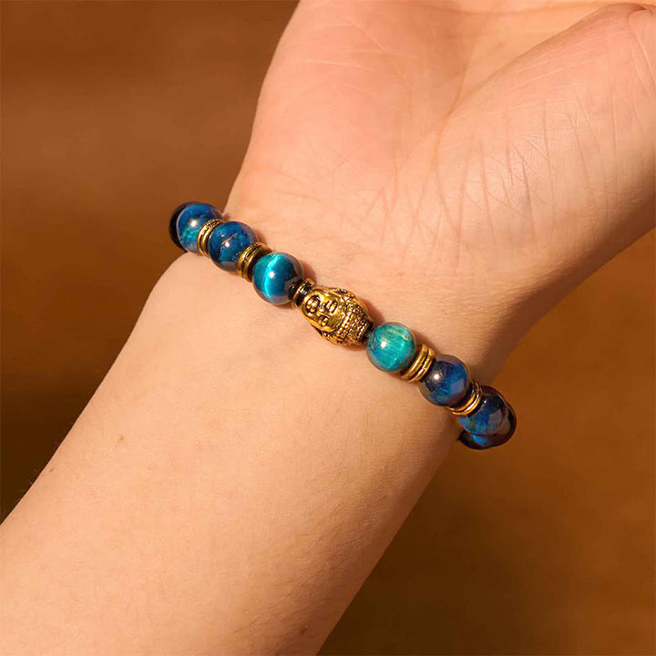Braccialetto di equilibrio con testa di Buddha in occhio di tigre blu verde rosso Buddha Stones