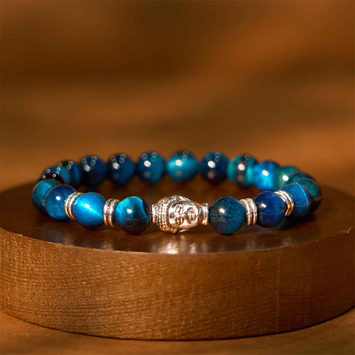 Braccialetto di equilibrio con testa di Buddha in occhio di tigre blu verde rosso Buddha Stones