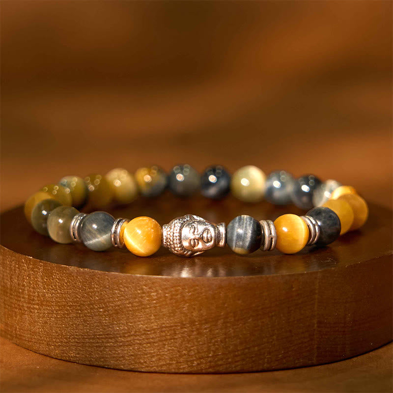 Braccialetto di equilibrio con testa di Buddha in occhio di tigre blu verde rosso Buddha Stones