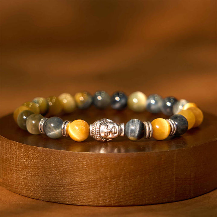 Braccialetto di equilibrio con testa di Buddha in occhio di tigre blu verde rosso Buddha Stones