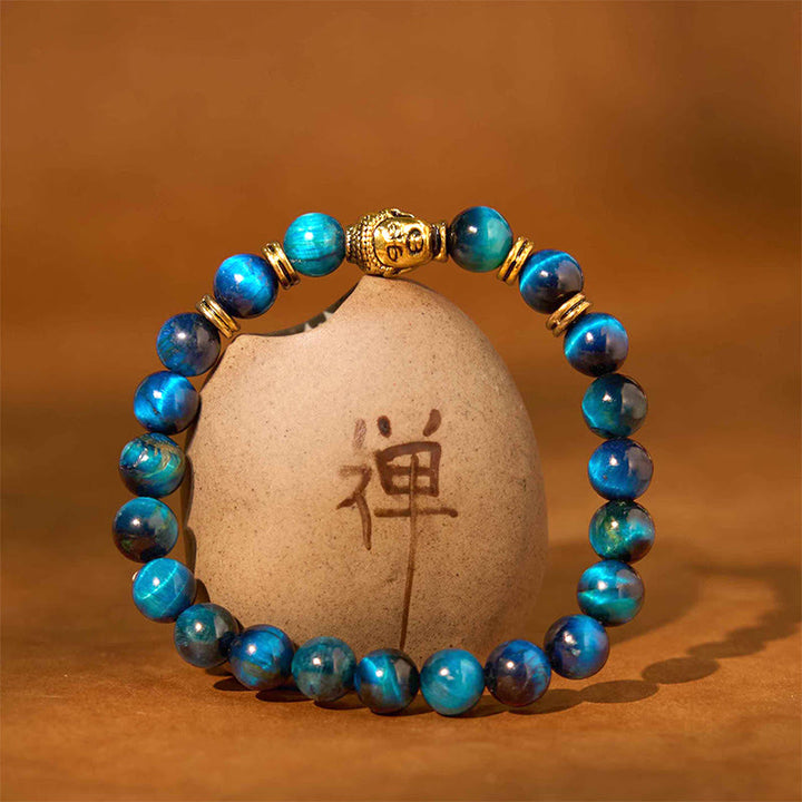 Braccialetto di equilibrio con testa di Buddha in occhio di tigre blu verde rosso Buddha Stones