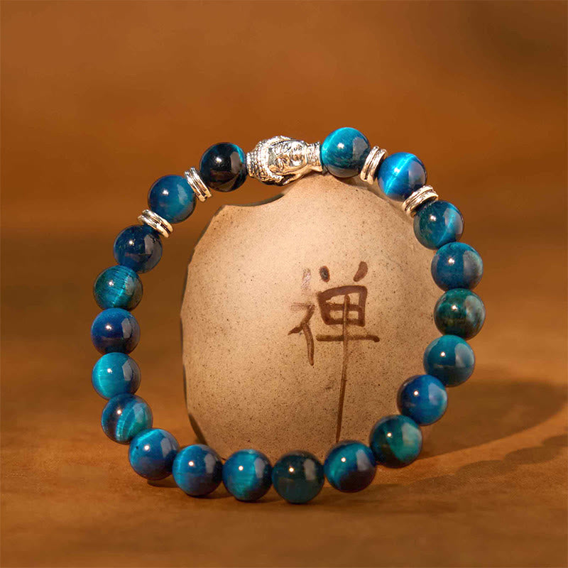 Braccialetto di equilibrio con testa di Buddha in occhio di tigre blu verde rosso Buddha Stones