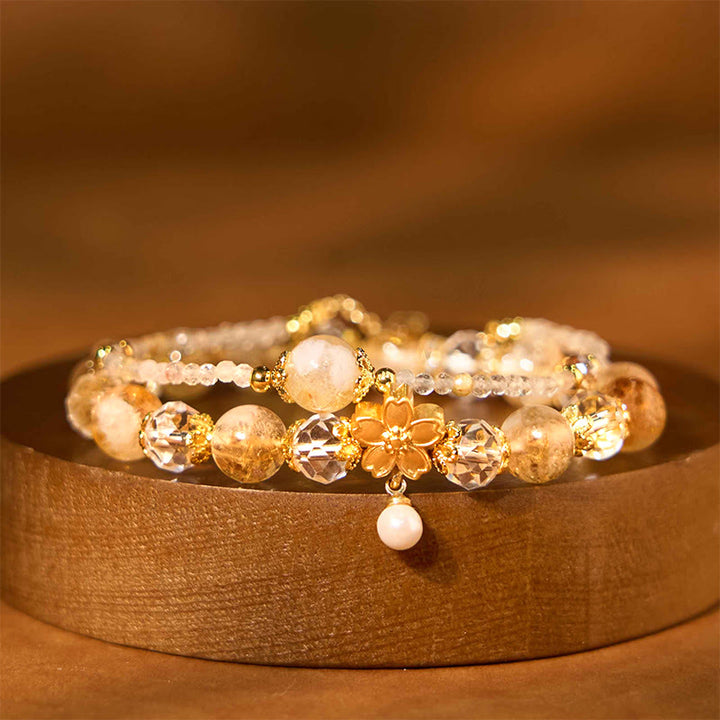 Braccialetto della prosperità con perline di vetro citrino naturale Buddha Stones Flower Multiple Layers