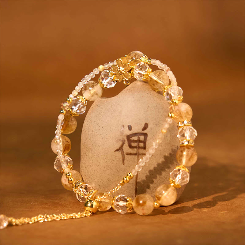 Braccialetto della prosperità con perline di vetro citrino naturale Buddha Stones Flower Multiple Layers