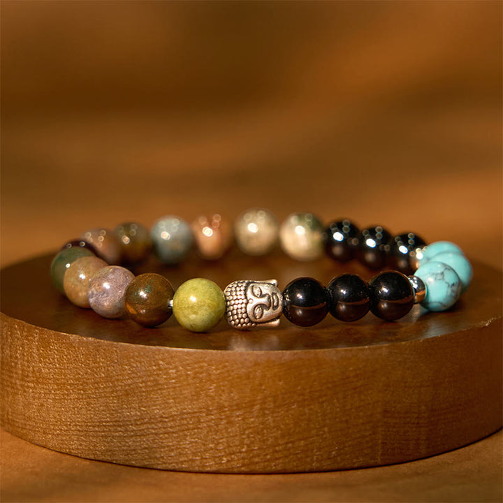 Buddha Stones Onice nero naturale Pietra bianca Avventurina verde Occhio di tigre Agata Colori misti Braccialetto di protezione per la testa del Buddha