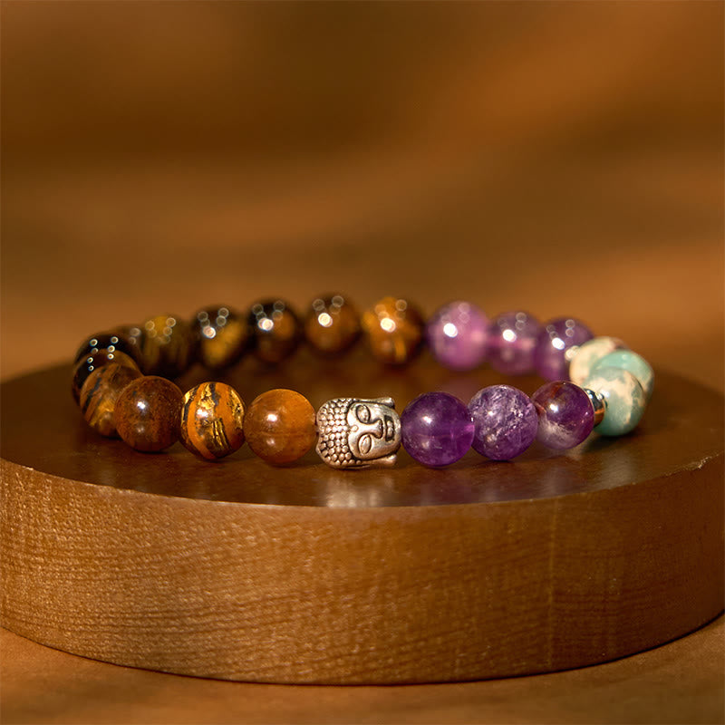 Buddha Stones Onice nero naturale Pietra bianca Avventurina verde Occhio di tigre Agata Colori misti Braccialetto di protezione per la testa del Buddha