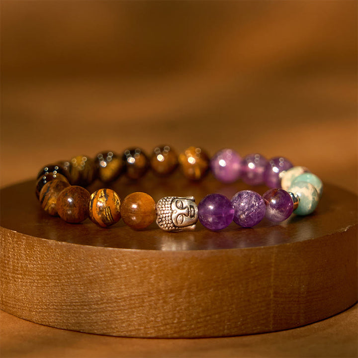 Buddha Stones Onice nero naturale Pietra bianca Avventurina verde Occhio di tigre Agata Colori misti Braccialetto di protezione per la testa del Buddha